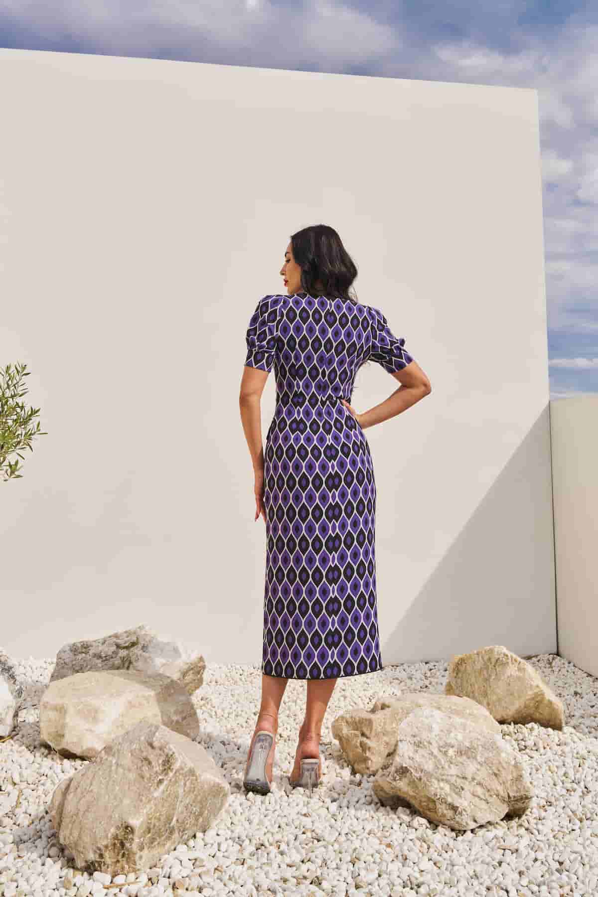 Purple sheath dress with geometric print