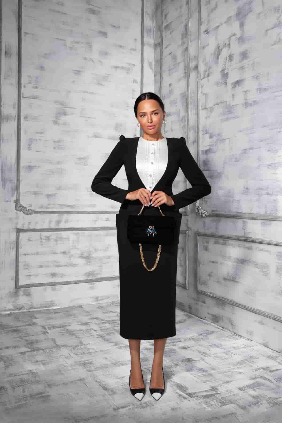 Sheath dress black with a bib