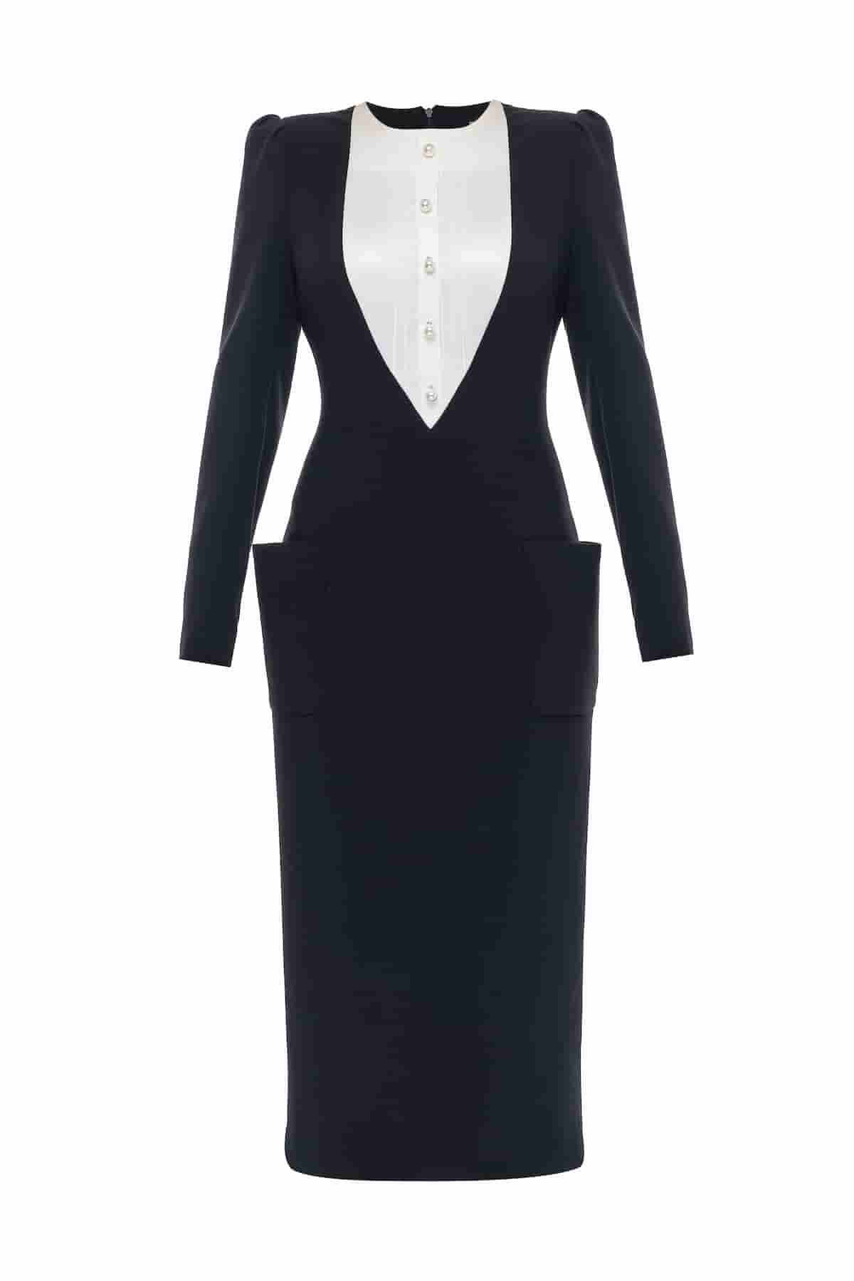 Sheath dress black with a bib