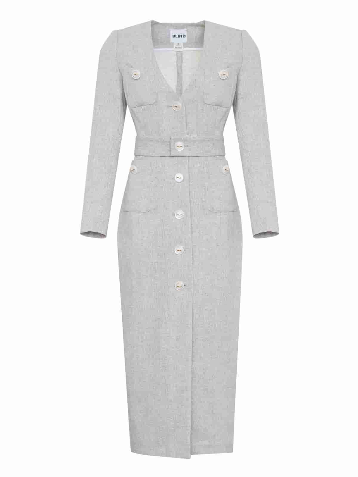 Dress made of tweed in a classic cut with buttons and a belt