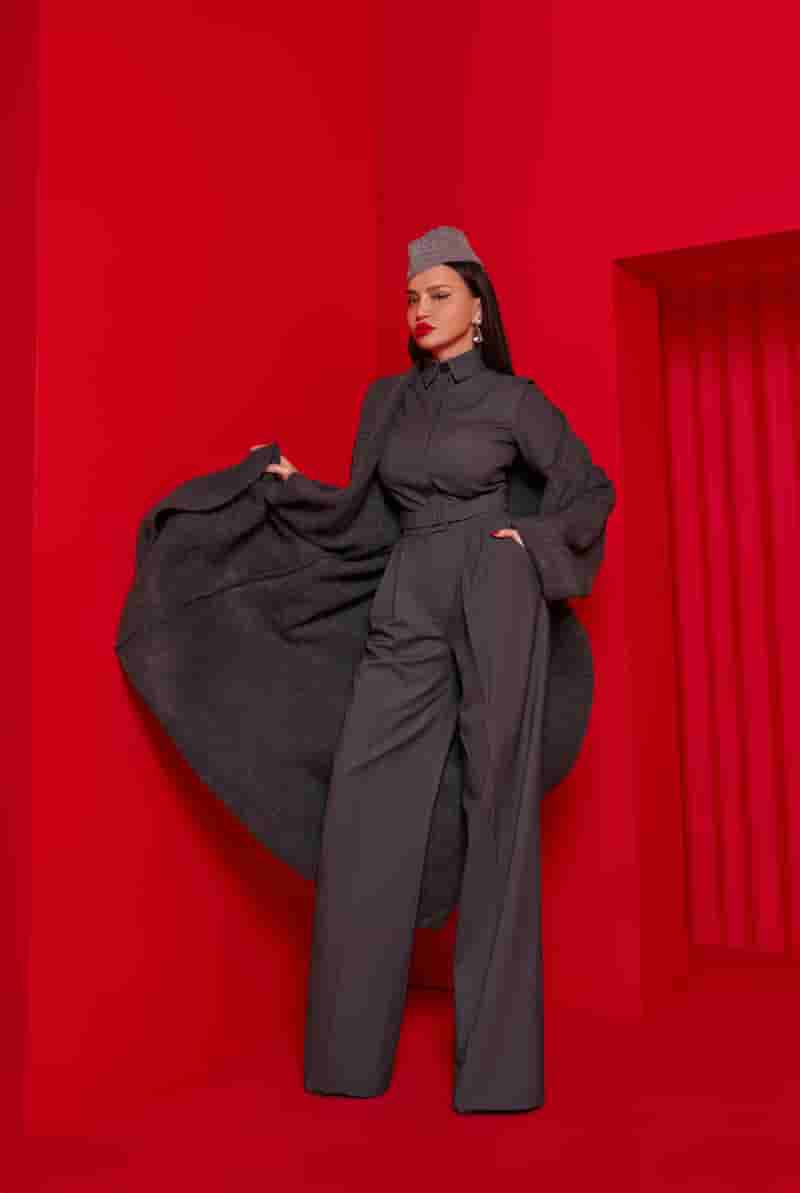 Gray pantsuit with cropped shirt