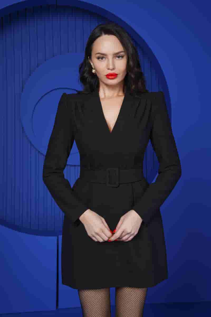 Black mini dress with V-neck and belt