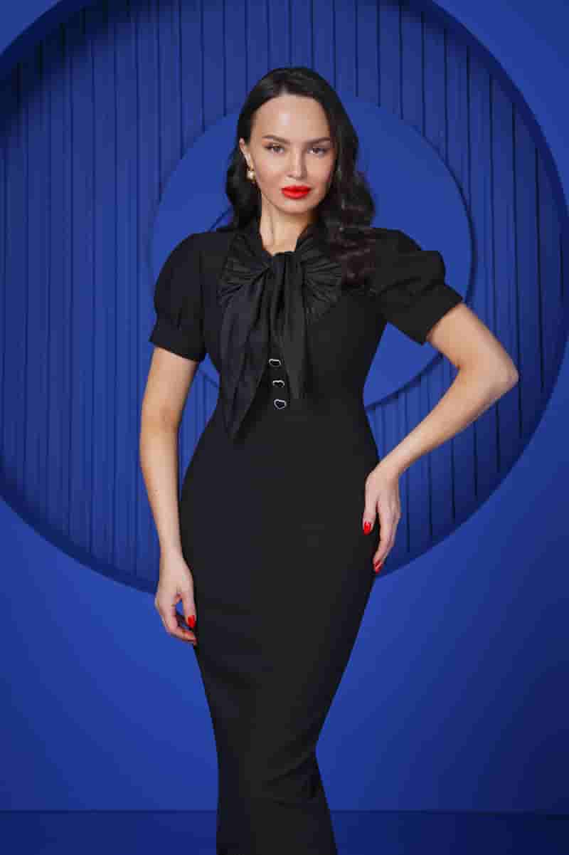 Black sheath dress with silk bow on the chest