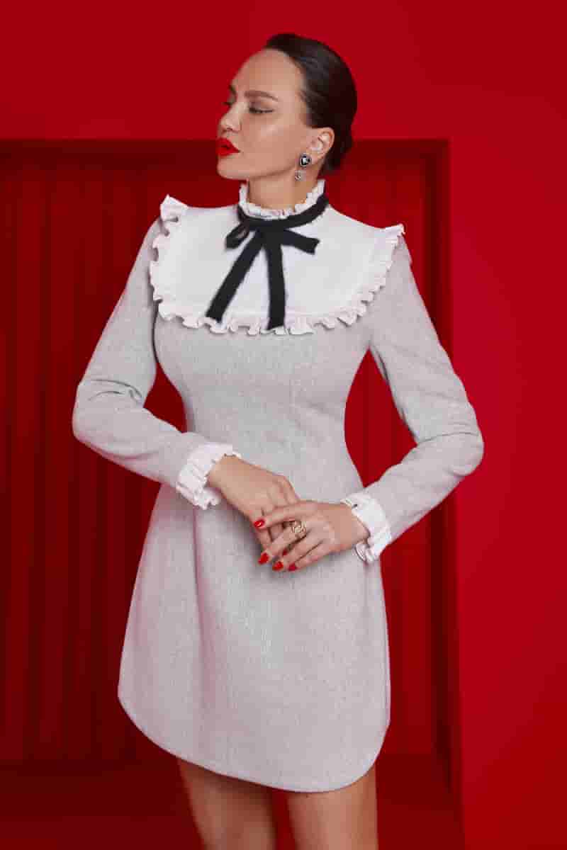 Grey tweed mini dress with white sleeve and velvet ribbon