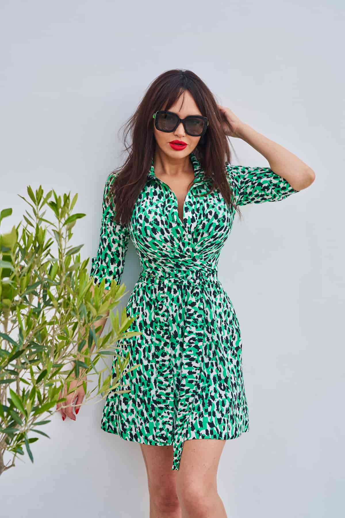 Mini wrap dress with green print