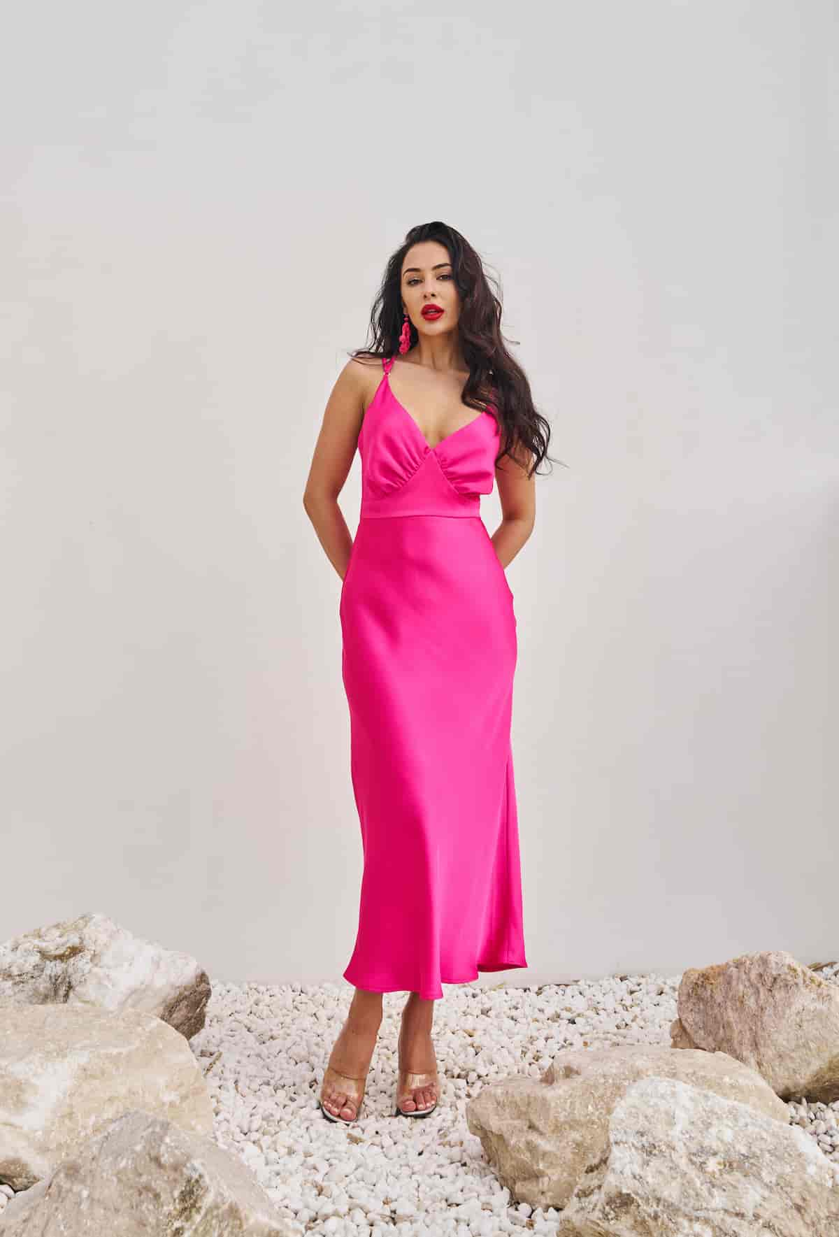Fuchsia dress "Silk classic" with thin straps