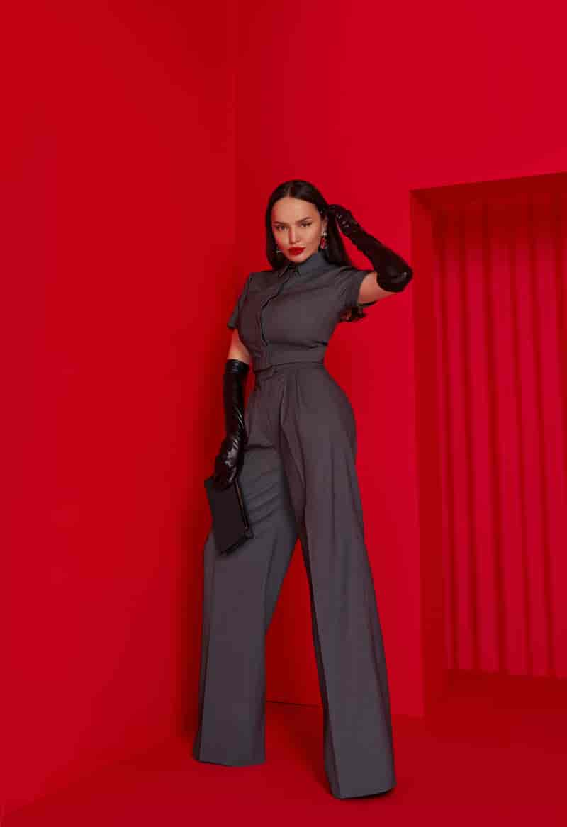 Gray pantsuit with cropped shirt