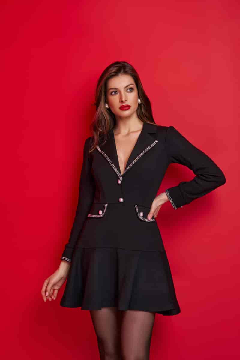 Black mini dress with silver buttons, ribbon and turn-down collar