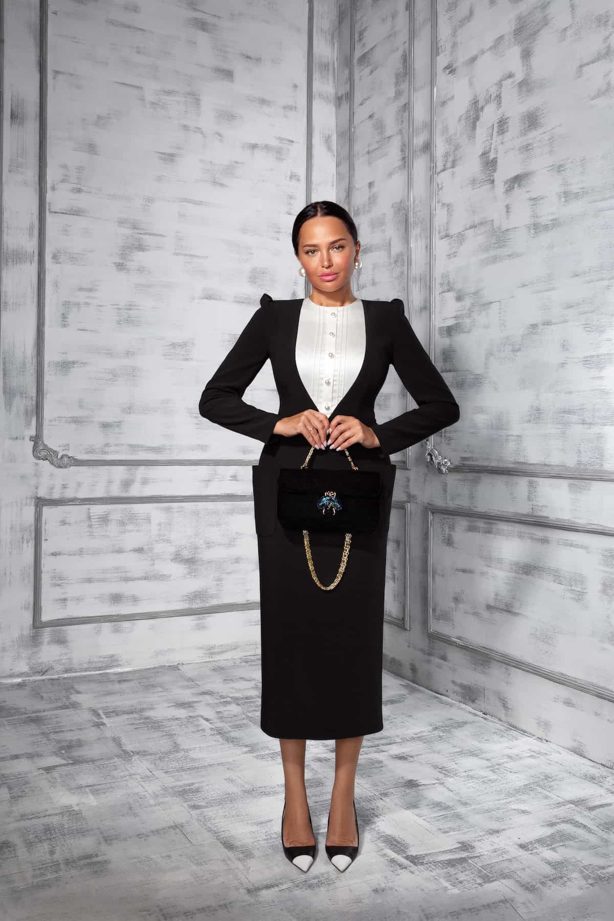 Sheath dress black with a bib