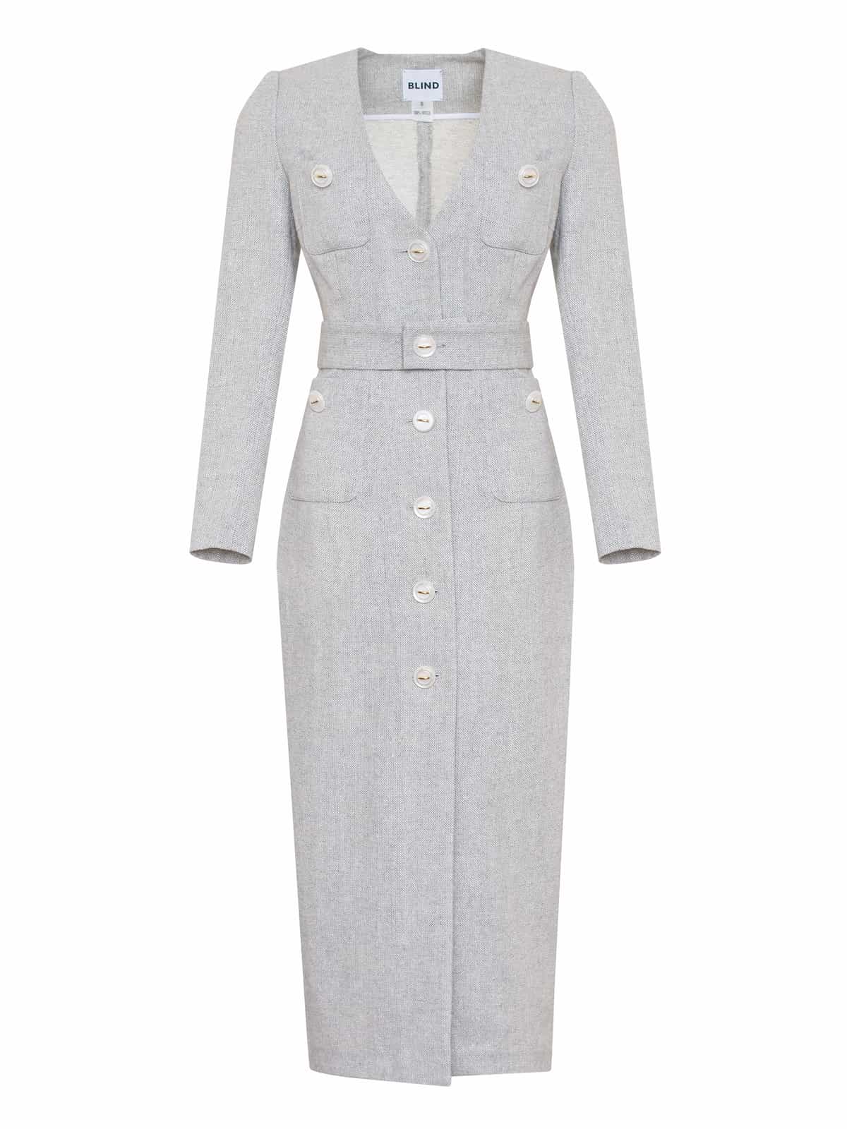 Dress made of tweed in a classic cut with buttons and a belt