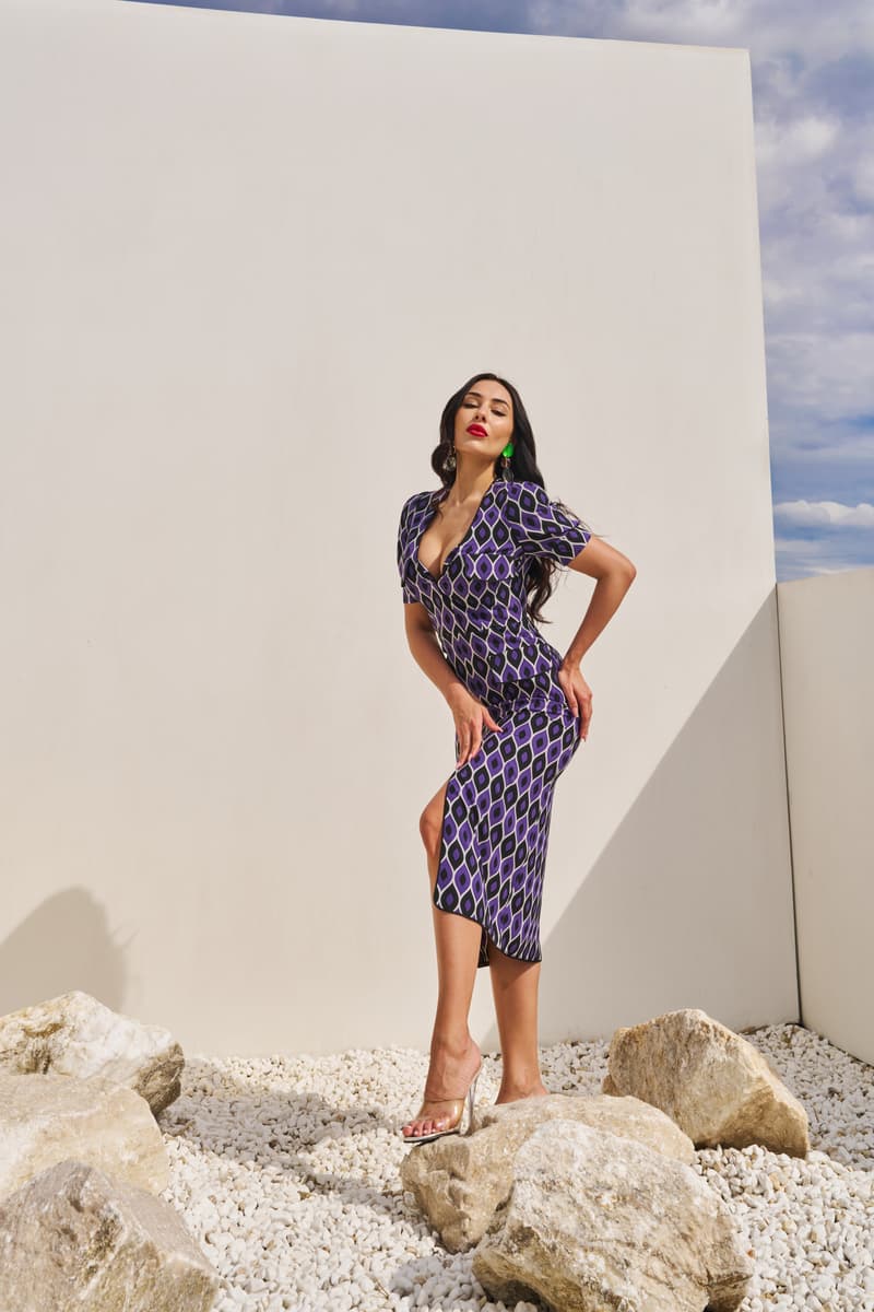 Purple sheath dress with geometric print