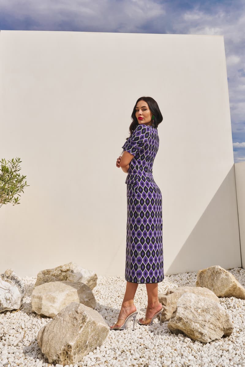 Purple sheath dress with geometric print
