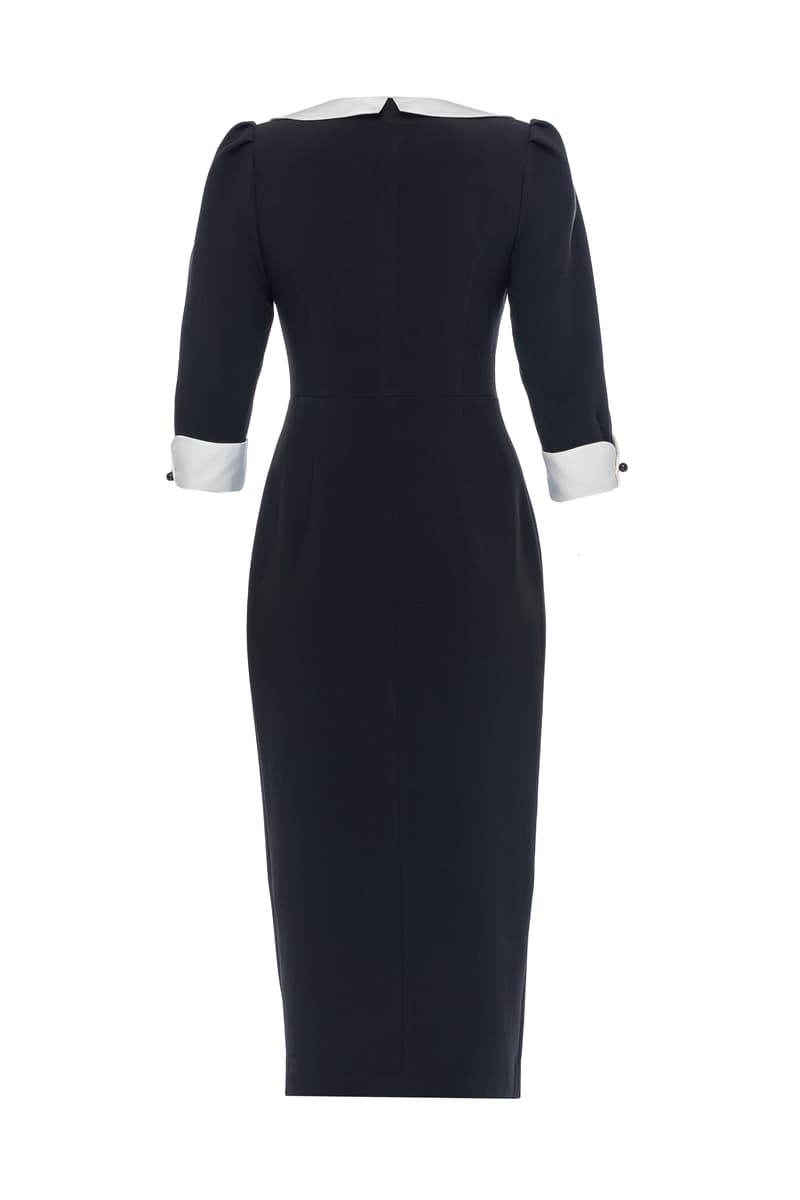 Black sheath dress with white collar and cuffs