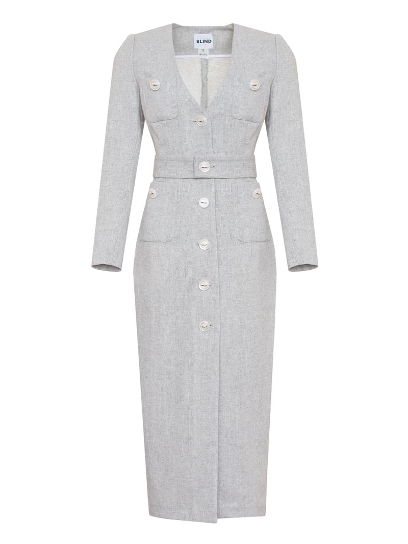 Dress made of tweed in a classic cut with buttons and a belt
