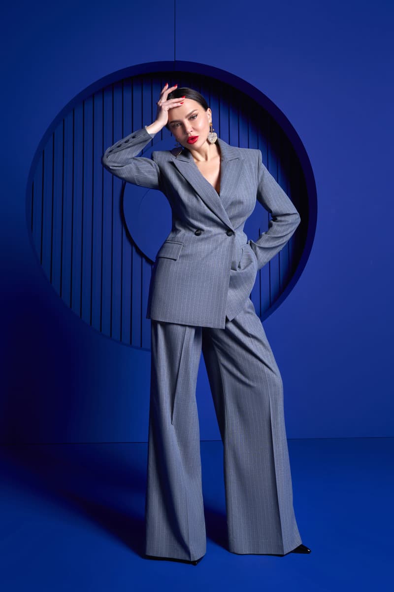 Gray suit (semi-fitted double-breasted jacket and palazzo pants)