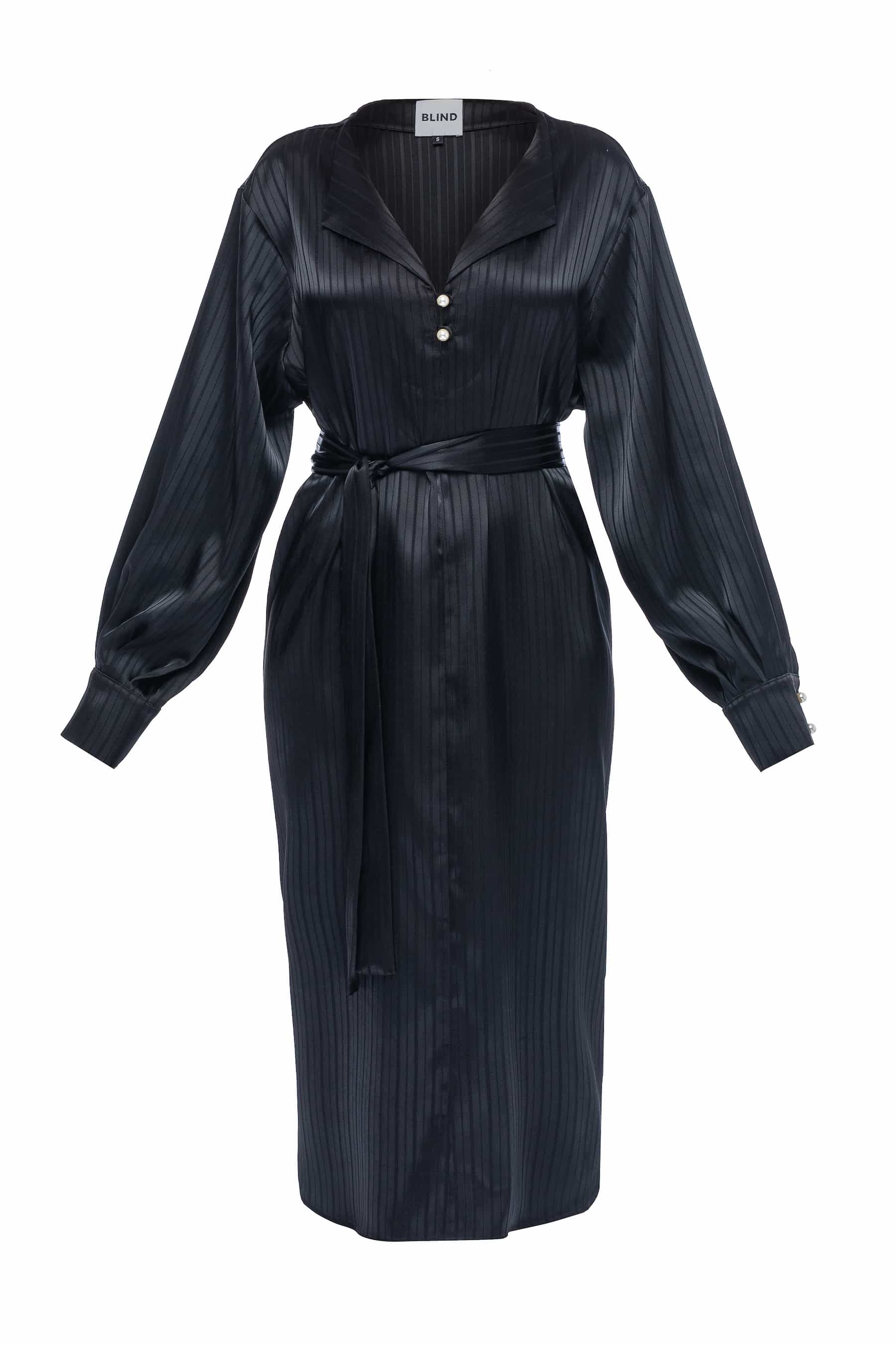 Платье-рубашка черная с жемчужными пуговицами и поясом (из сатина)