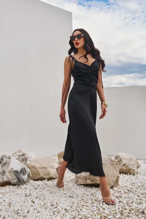 Black dress-combination with draped chest and open back