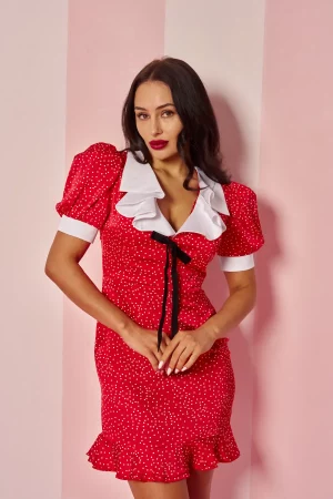 Red fitted polka dot mini dress with white collar - Image 4