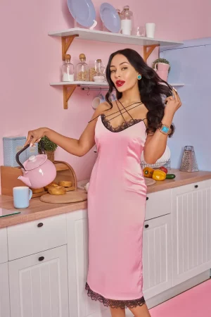 Pink combination dress with black lace and decorative straps - Image 2