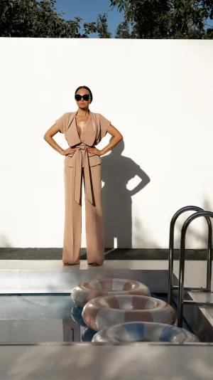 Beige color suit with palazzo pants - Image 3