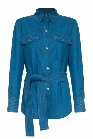Long denim shirt with buttons and quilted belt - Image 2