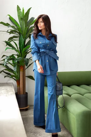 Long denim shirt with buttons and quilted belt - Image 3