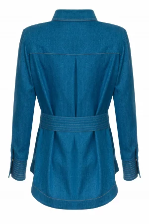 Long denim shirt with buttons and quilted belt - Image 5