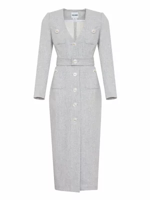 Dress made of tweed in a classic cut with buttons and a belt - Image 2