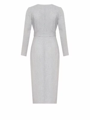 Dress made of tweed in a classic cut with buttons and a belt - Image 3