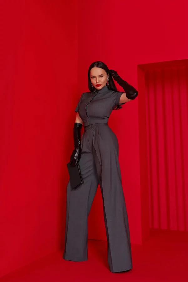 Gray pantsuit with cropped shirt