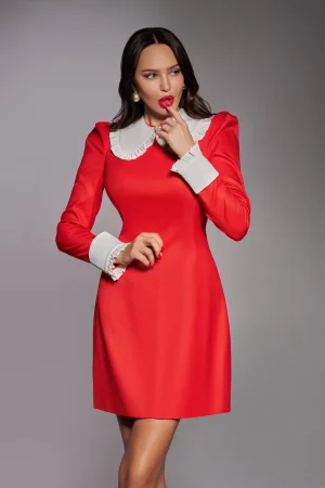 Red mini dress with white detachable collar and cuffs - Image 2