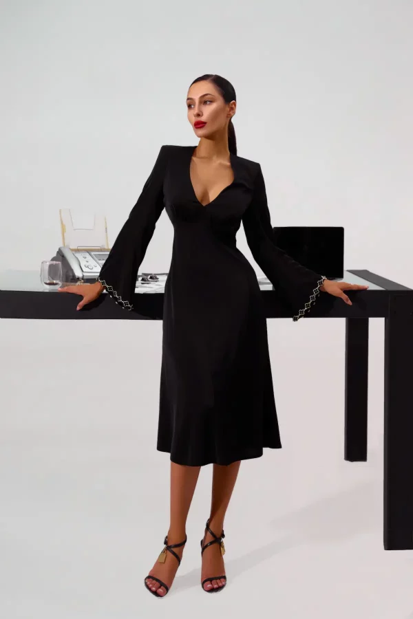 Black silhouette dress with a skirt - gode and trim with metal inserts on the sleeves