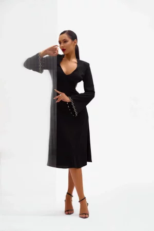 Black silhouette dress with a skirt - gode and trim with metal inserts on the sleeves - Image 2