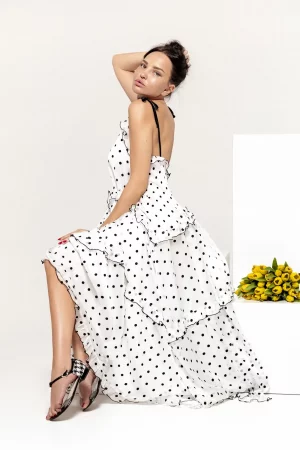White sundress with velvet ties in black peas