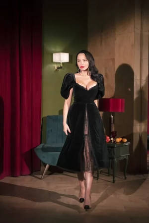 Black velvet dress with voluminous sleeves and a guipure insert - Image 3