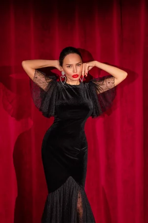 Velvet silhouette dress with wing sleeves and guipure frill - Image 2