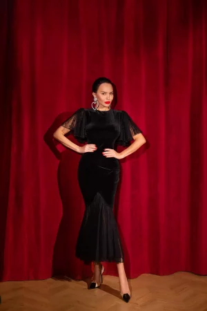 Velvet silhouette dress with wing sleeves and guipure frill - Image 3