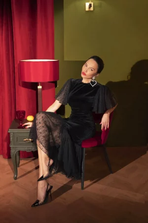Velvet silhouette dress with wing sleeves and guipure frill - Image 5
