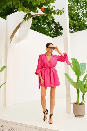 Fuchsia dress made of pressed silk with puffed sleeves - Image 3