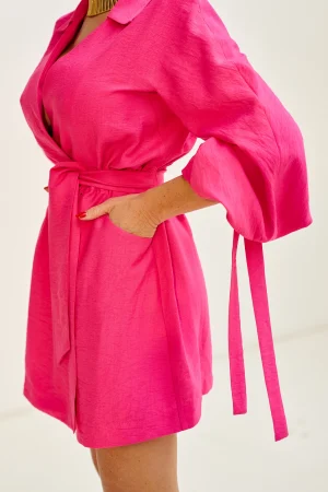 Fuchsia dress made of pressed silk with puffed sleeves - Image 5