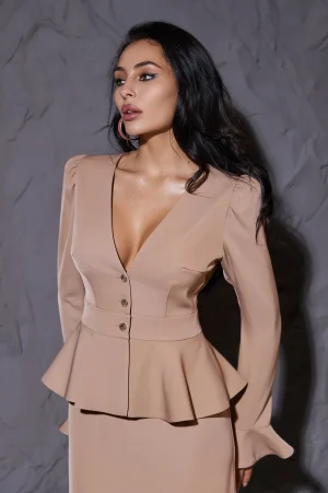 Mocha suit with a Godet skirt - Image 6