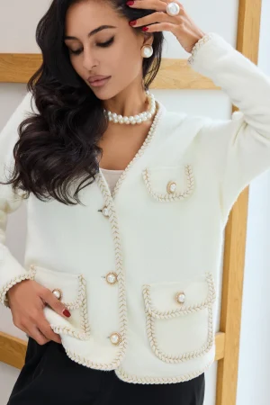 Cardigan in milky color with quiche and pearl pearls - Image 4