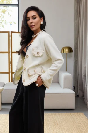 Cardigan in milky color with quiche and pearl pearls - Image 6