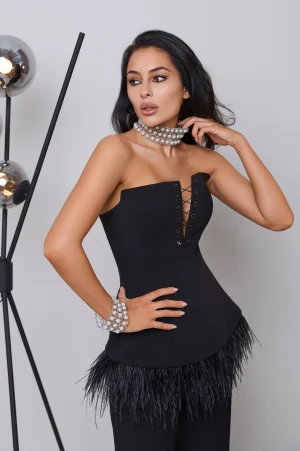 Black lace-up corset with detachable feathers