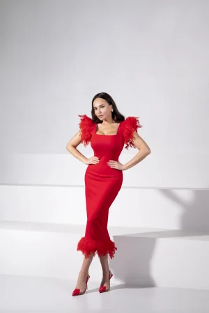 Червона силуетна сукня з Джерсі з відстібним пір'ям