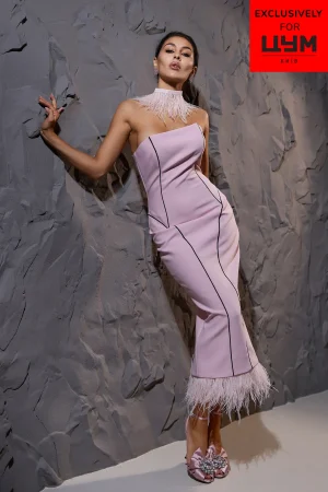 Корсетна сукня-футляр пудрового кольору з оздобленням пірʼям