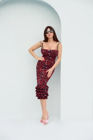 Bustier dress with abstract print and ruffles at the bottom