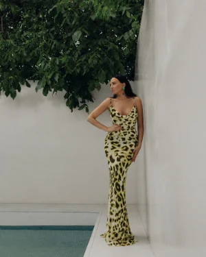 Long leopard-print dress with straps