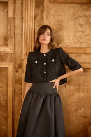 Black asymmetric tweed jacket
